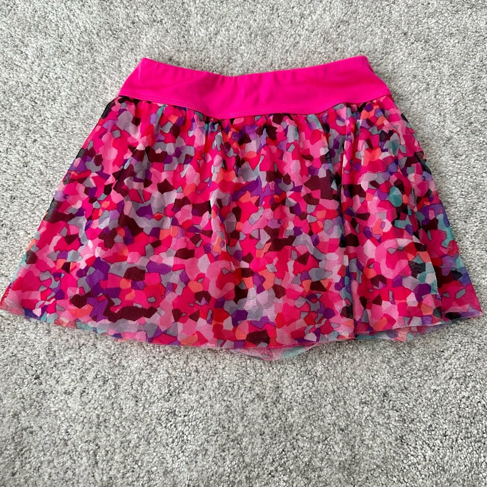 Adidas girl’s Vibrant Pink Patterned Activewear skort with flutter overlay